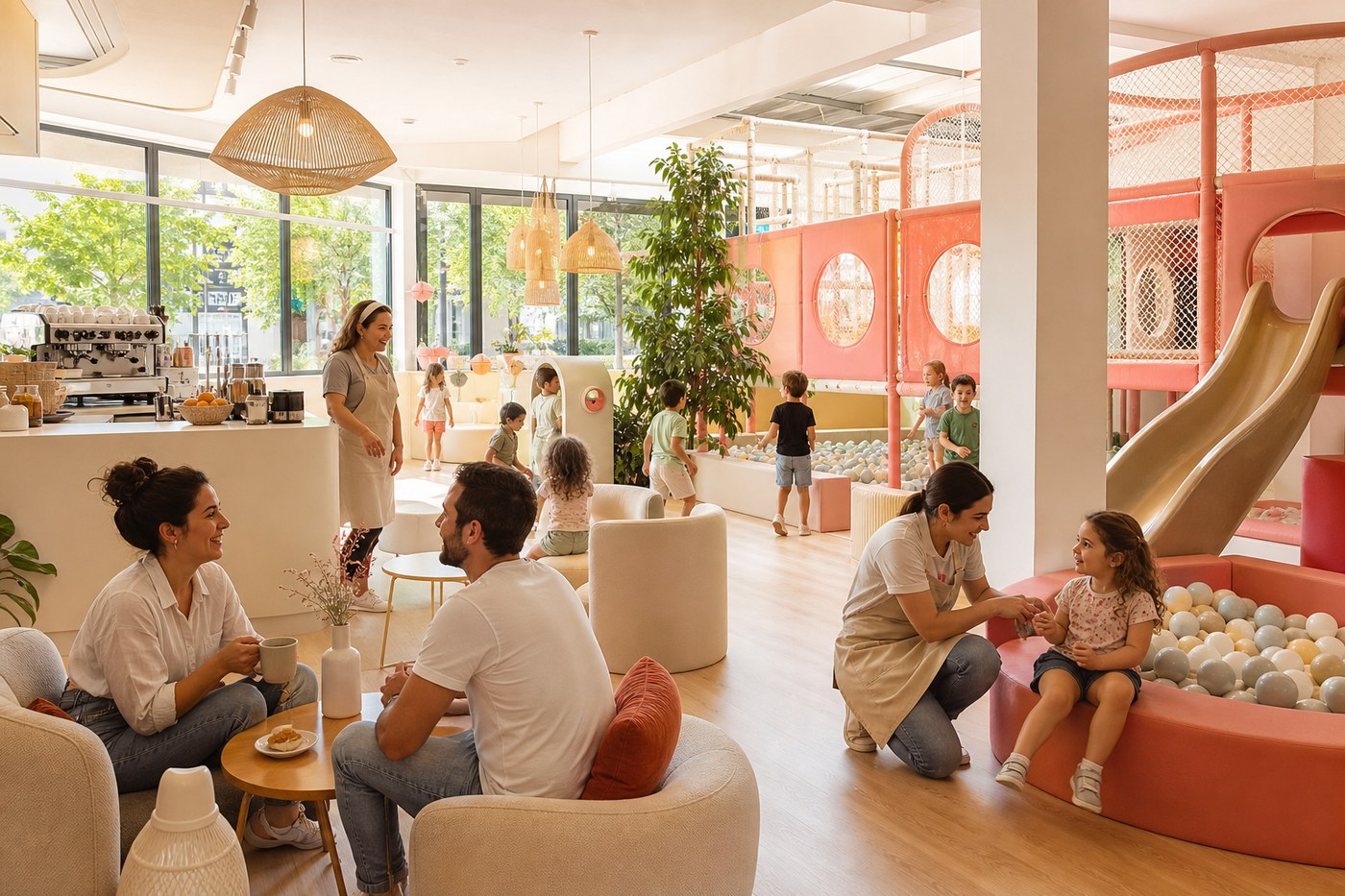 Welcoming interior of Kids Play TLV cafe with families