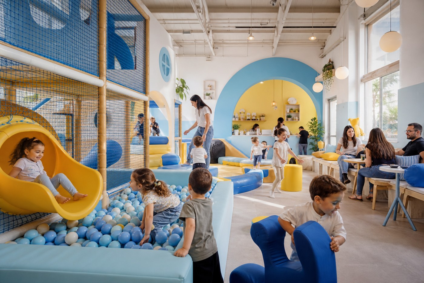 Colorful indoor kids play cafe with soft play structures and happy children