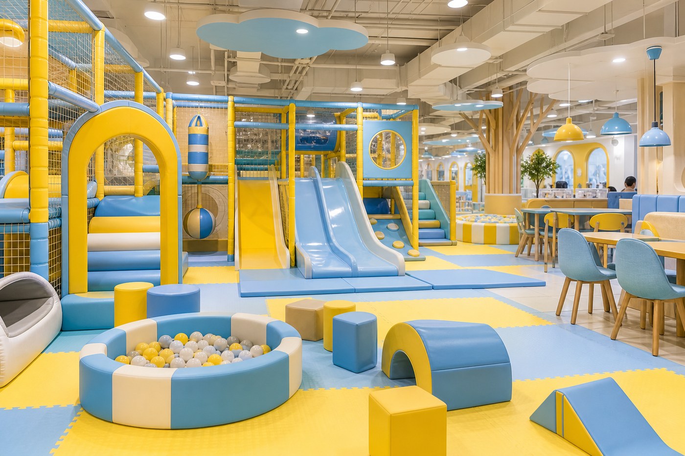 Toddler soft play zone with padded climbing structures